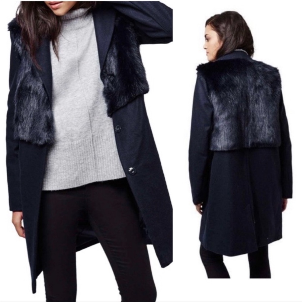 TopShop Longline Pea Coat Faux Fur Vest Navy